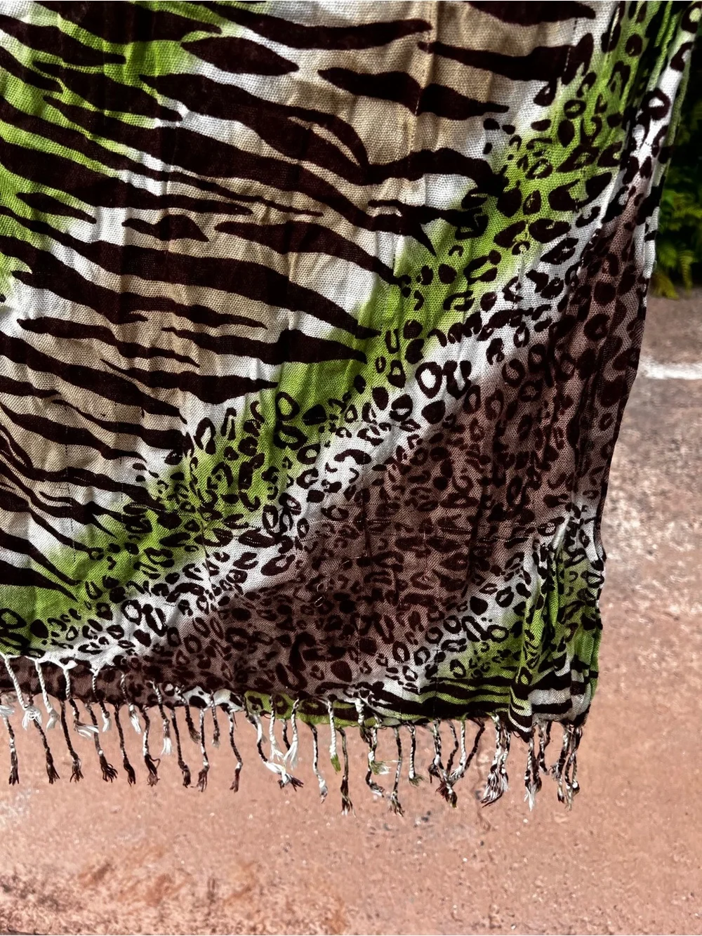 Animal Print Tassel Scarf - Brown & Green